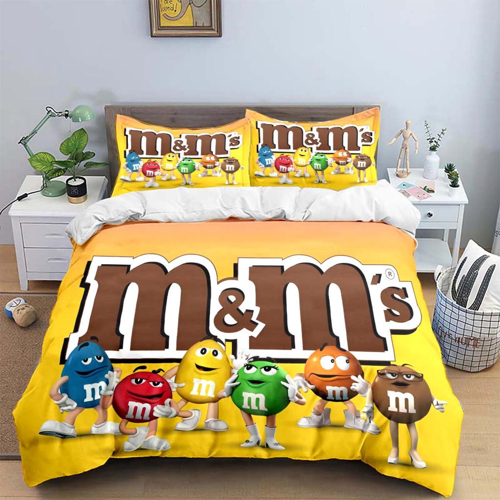 Hot Fashion M&M Chocolate Logo Print Bedding Sets Exquisite Bed Supplies Set Duvet Cover Bed Comforter Set Bedding Set Kids Gift