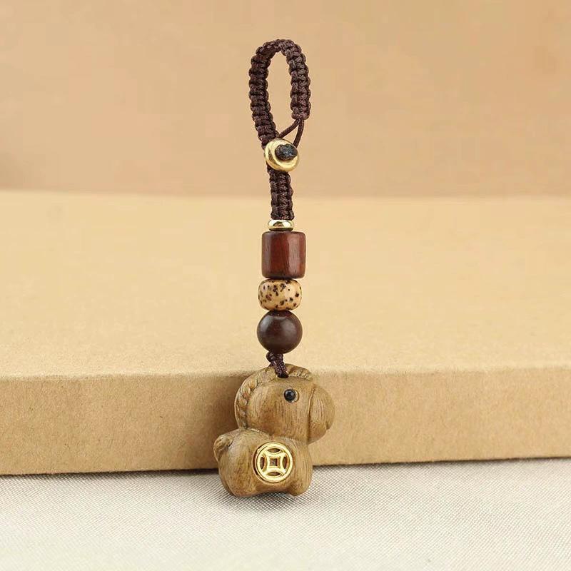 1Pc Car Keychain New Chinese Style Braiding Rope Gift Phone Keychain Creativity Pony Pendant Wood Pendant Coin Decoration