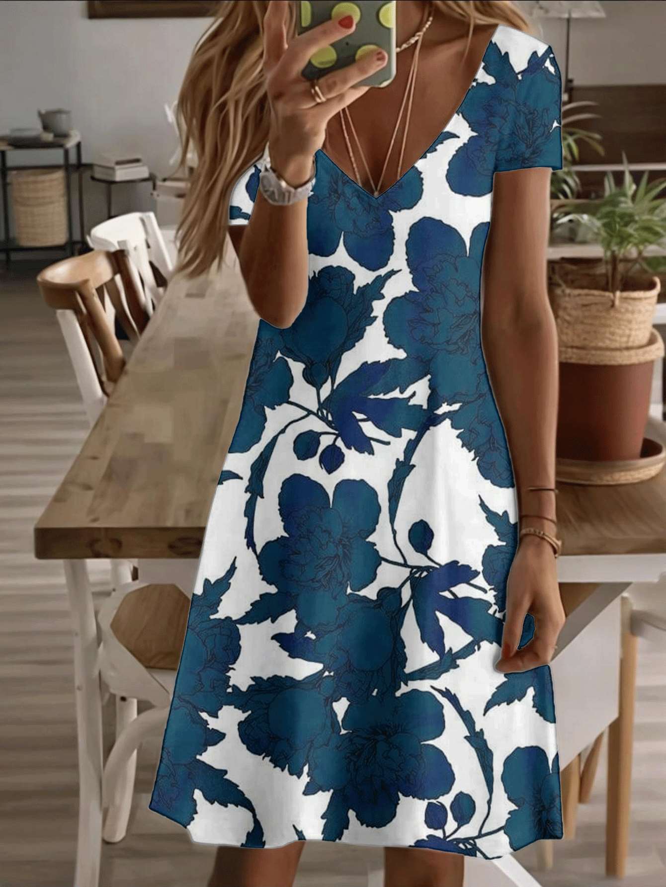 

Vneck shortsleeve midi dress blue floral print elegant women summer outfit 3D premium printing durable casual and fashionable style for everyday we 9XL дубильна кора