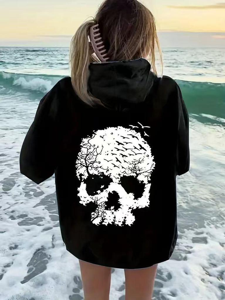 Women's Loose-Fit Halloween Skull Print Hoodie - New Winter Arrival