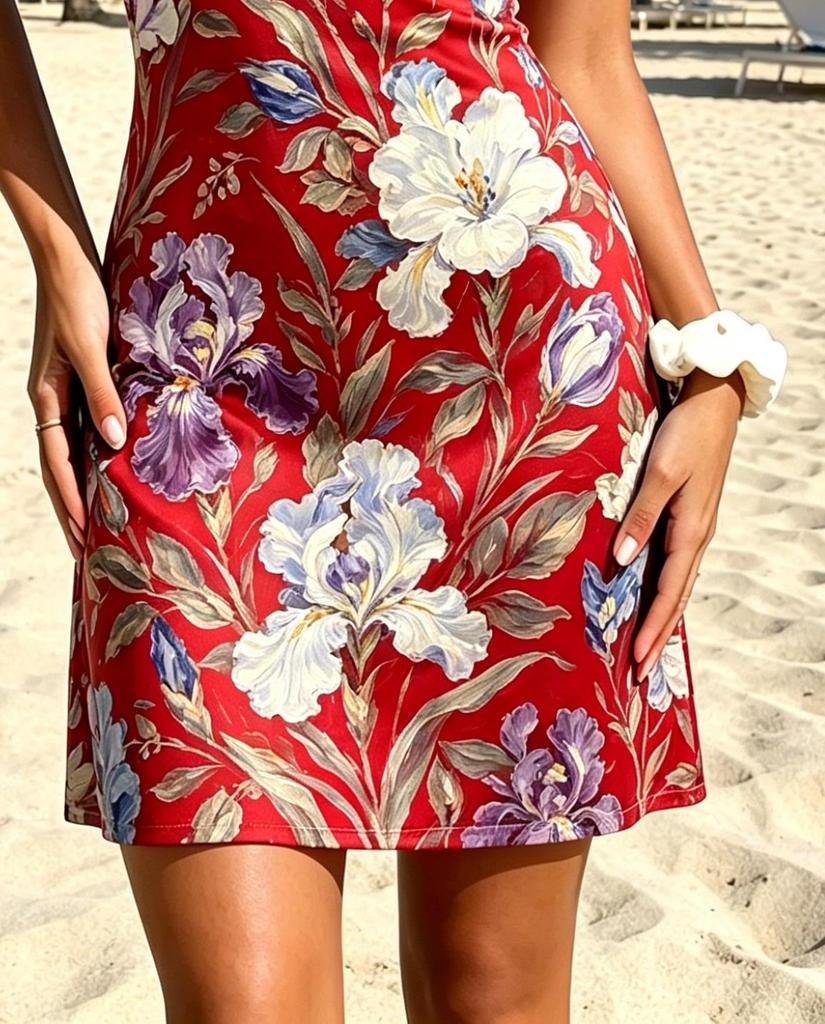 2026 Summer One Shoulder Iris Floral Print Mini Dress, Red Slim Bodycon Beach Sundress