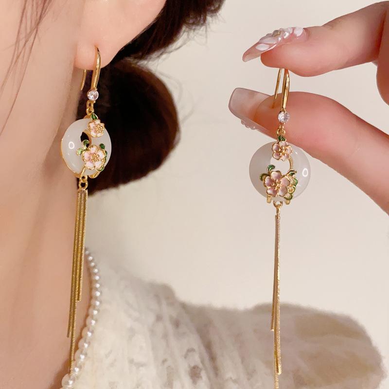 New Chinese Style Fashionable Flower Safety Buckle Long Tassel Earrings
