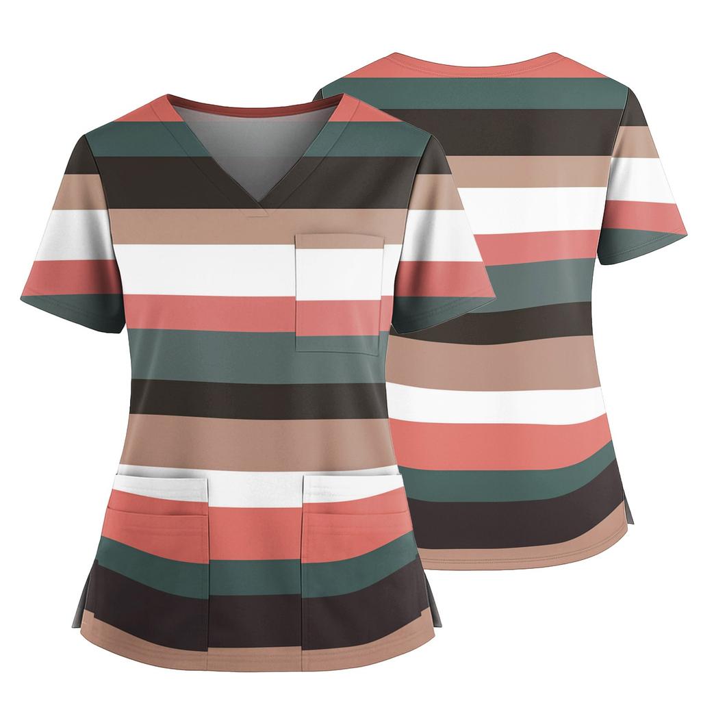 Damski casualowy top z nadrukiem z dekoltem w serek, kieszenią i rozcięciem po bokach, z krótkim rękawem