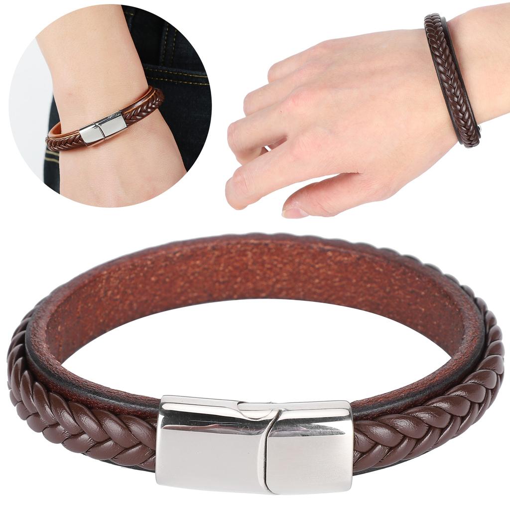 Leather Woven Bracelet Braided Wrist Band Vintage Magnetic Buckle Hand Decoration 20.5cm