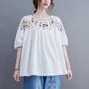 Summer New Cotton and Hemp Embroidered Doll Shirt Women's Loose Retro Lantern Sleeve Aging Top