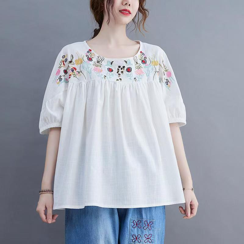 Summer New Cotton and Hemp Embroidered Doll Shirt Women's Loose Retro Lantern Sleeve Aging Top