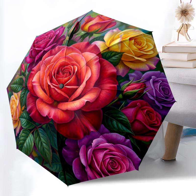 1pc Sturdy 8-Bone Auto Umbrella, Mixed Rose Bouquet Umbrella, Digital Printed, Foldable Umbrella for On-the-Go Outdoor Use