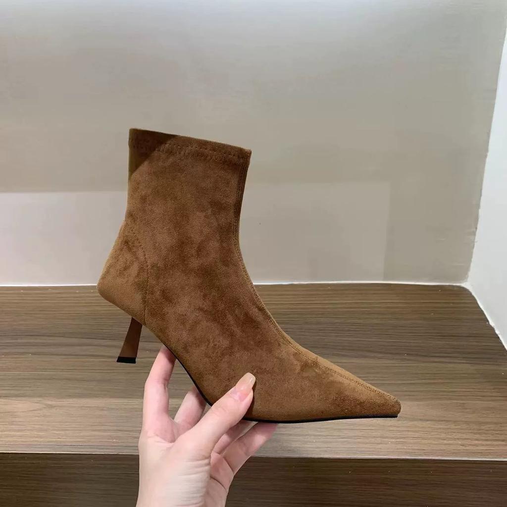 High-heeled Pointed Suede Khaki Short Boots Women's Shoes New Spring and Autumn Single Boots Korean Small Naked Boots