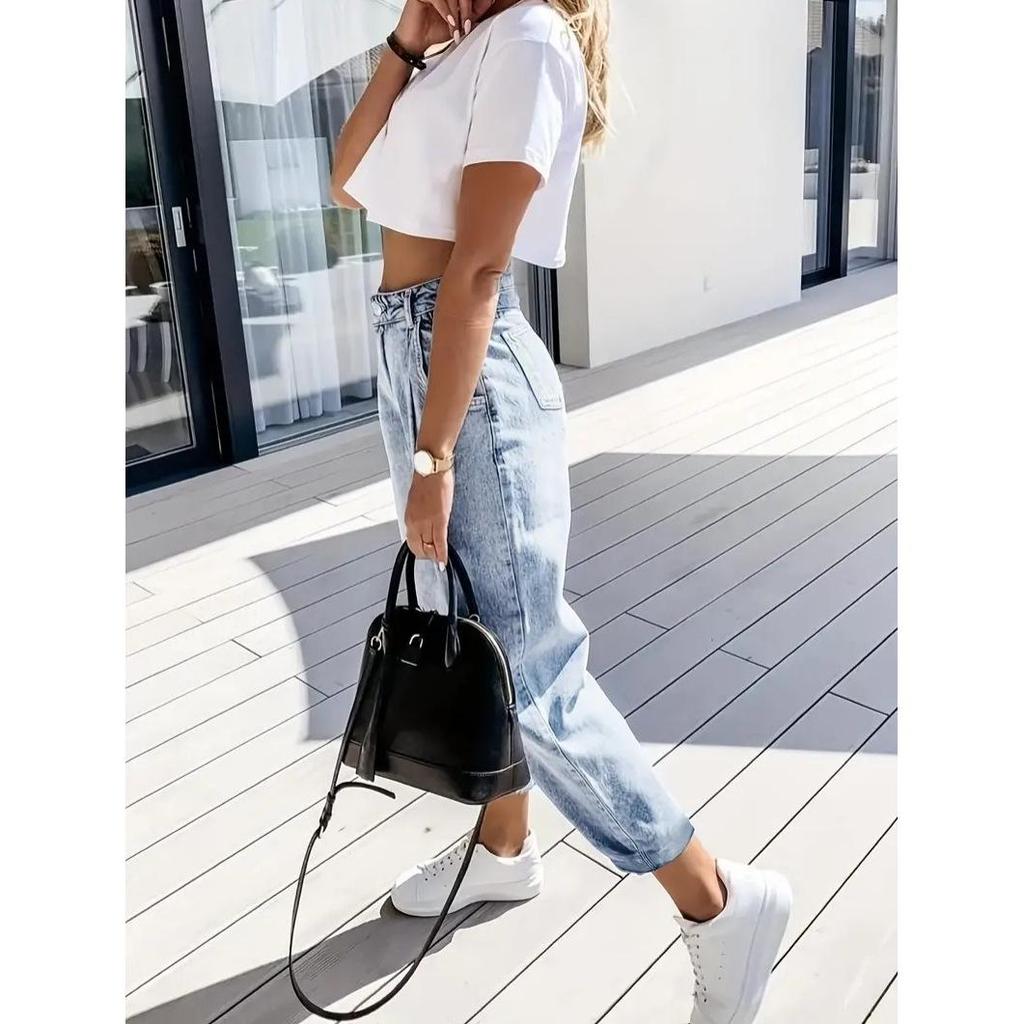 Jeans a vita alta corti affusolati casual larghi snellenti da donna 2026