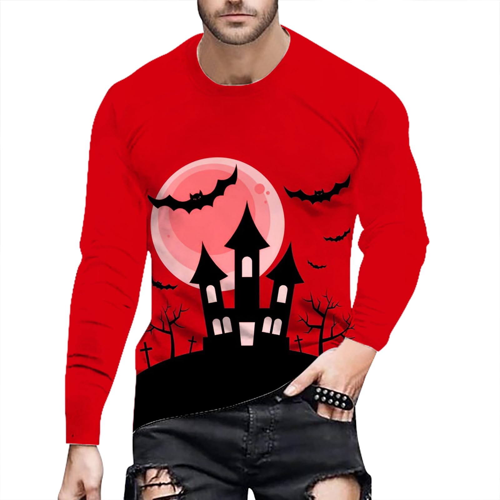 

Женская классическая футболка с длинным рукавом с принтом серии «Хэллоуин», свободная женская футболка для косплея, кровавый костюм 5XL