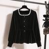 2PCS Skirt Suits Women Square Collar Velvet Blouse High-waist Skirt Two-piece Set Autumn