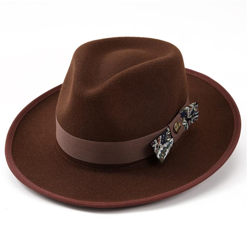 

Новая высококачественная шерстяная джазовая шляпа, красивые аксессуары в виде банта, шляпа джентльмена, осенне-зимний термоцилиндр M（56-58cm） темно-коричневого