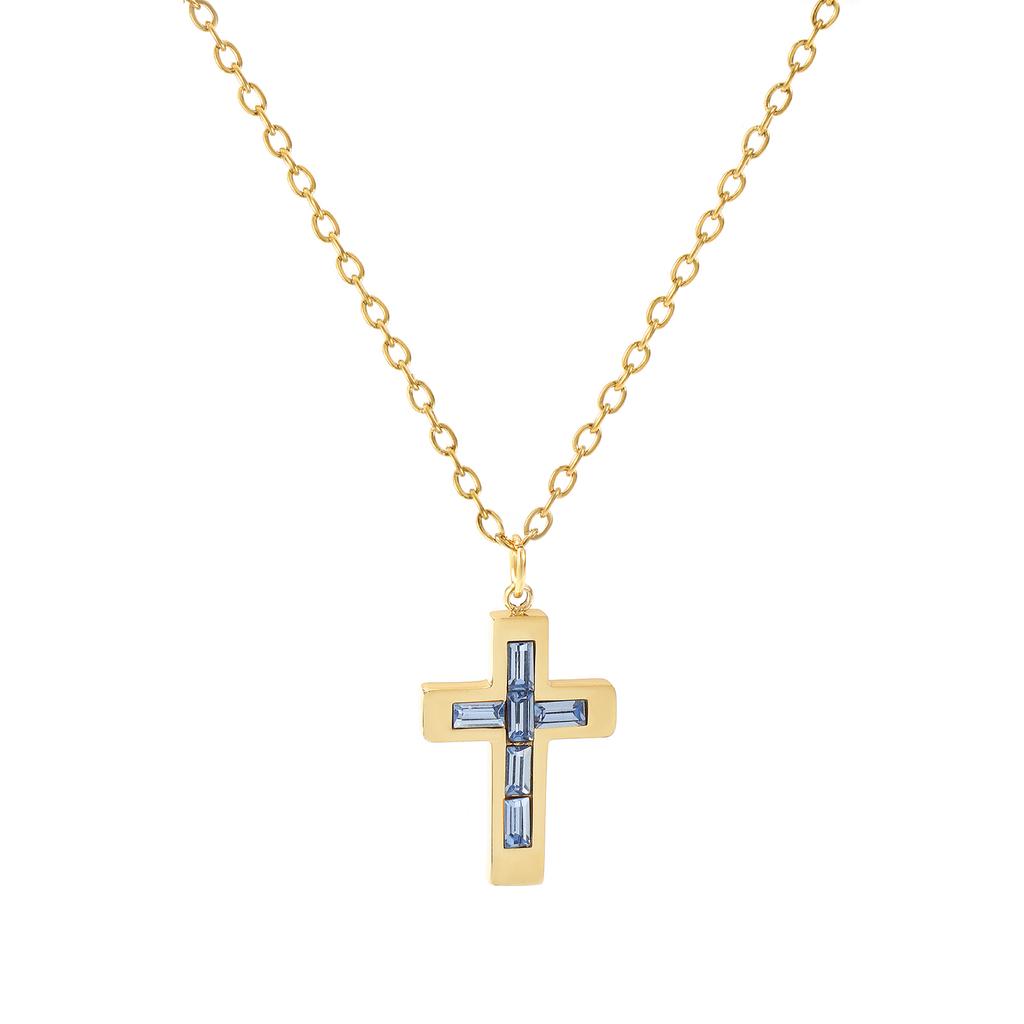 304 Stainless Steel Religious Necklace 18K Gold Plated Link Cable Chain Cross Pendant Necklace 45cm+ 5cm For Women Birthstone