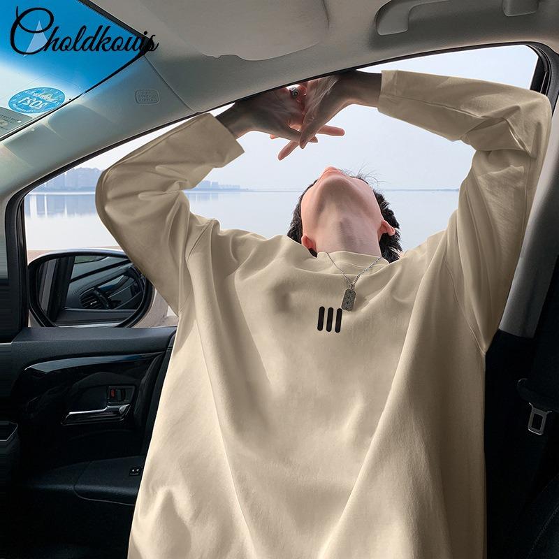 Men Loose Long Sleeve Printed Cotton Crew Neck Casual Base T Shirt