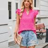 Women European Style Casual Summer Hollow Out Embroidery Flounce Sleeve V Neck Shirt