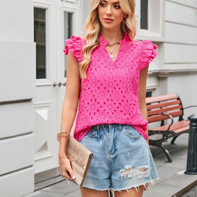 Women European Style Casual Summer Hollow Out Embroidery Flounce Sleeve V Neck Shirt