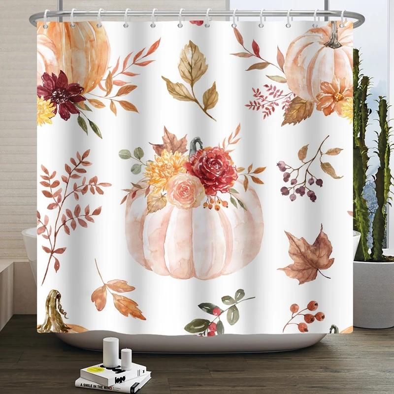 Hello Fall Shower Curtain Autumn Maple Leaves Pumpkin Bathroom Decor Polyester Fabric Cloth Shower Curtain With Hooks Room Decor
