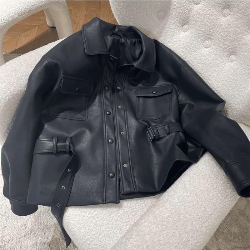 Lapel waist leather jacket women's short spring new small pu leather jacket top
