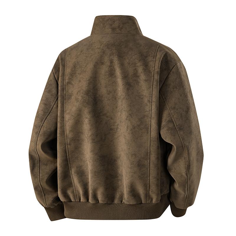 Men's leather jacket autumn and winter loose version tie-dye leather jacket stand-up collar retro American casual men's jacket
