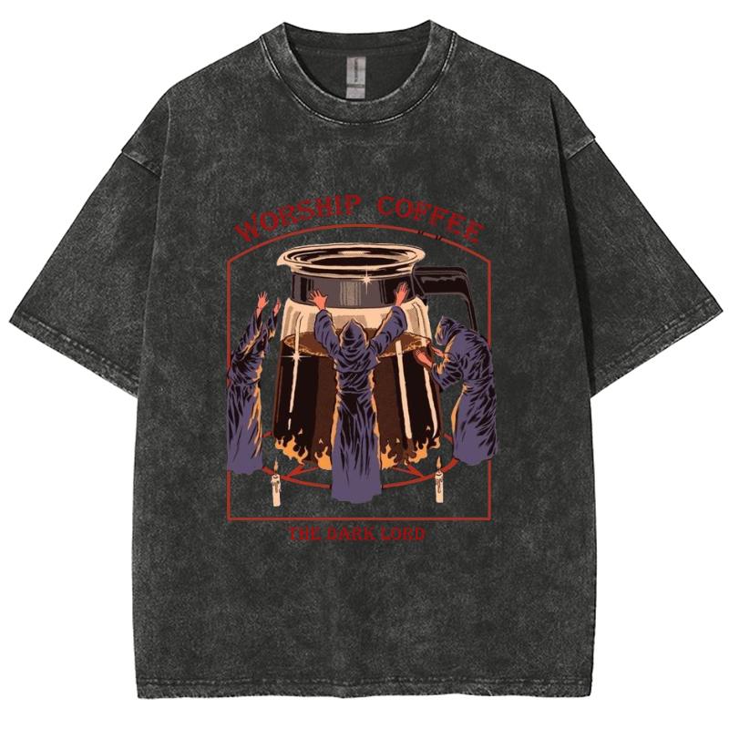 American Retro Unisex Oversized T-Shirt Washed Cotton Wizard Print Loose Short Sleeve Harajuku Style Comfortable Top