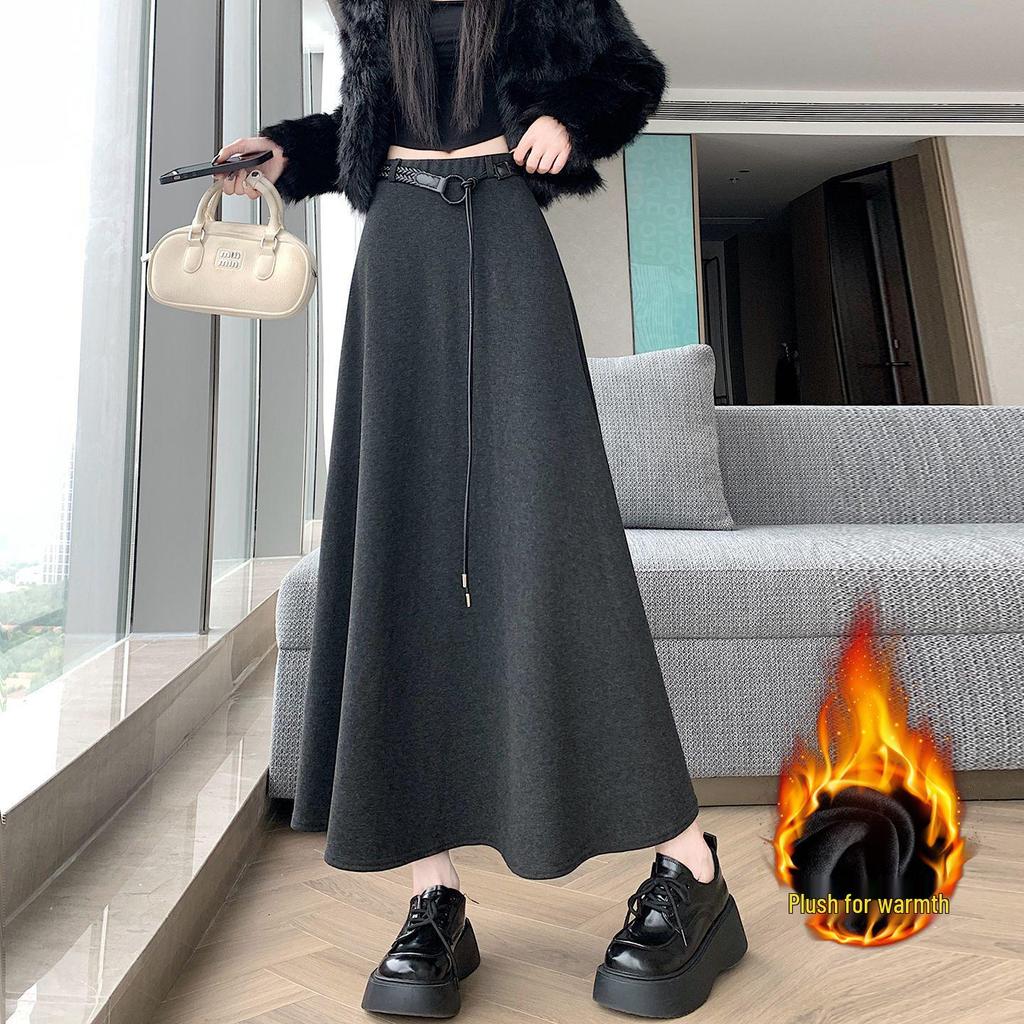 Women's Gray Velvet Woolen A-Line Skirt: Elastic Waist, Warm Half-Length Winter Style with Wide Hem