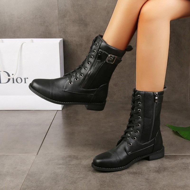 2025 new European and American foreign trade large size round head thick heel strap side zipper solid color low tube women's Martin boots in stock
