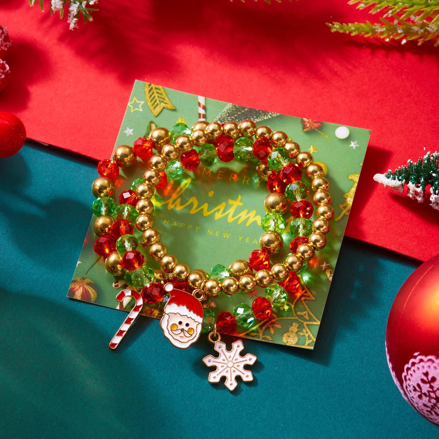 Merry Christmas Santa Claus Snowflake Tree Pendant Bracelet Colorful Crystal Beaded Elastic Bangle For Women Men Xmas Gift