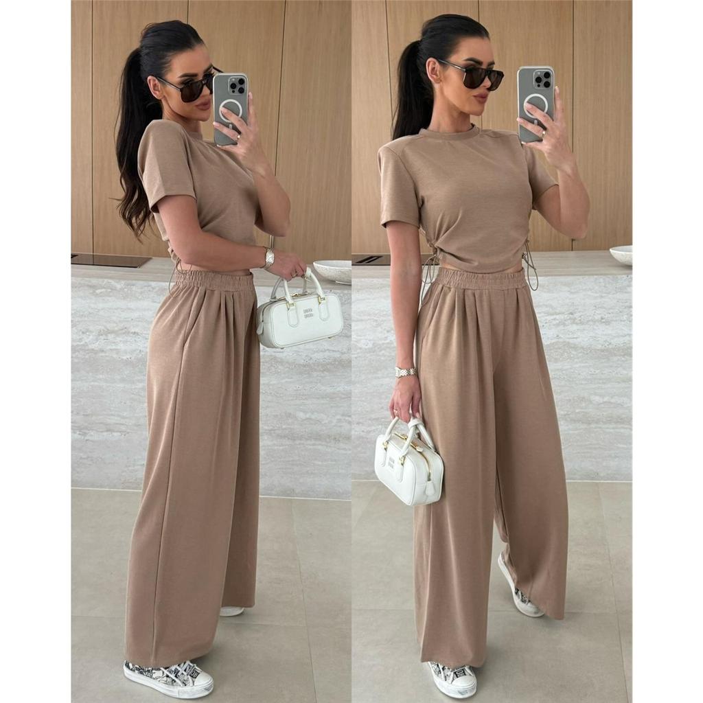 Lato Nowa Moda Casual Jednolity Kolor Garnitur T-shirt Szerokie Nogawki Spodnie Zestaw Dwuczęściowy Dla Kobiet