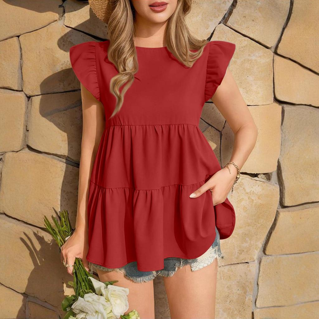 Women's Fashionable And Casual Ruffled Babydoll Vest, Ruffled Pleated Shirt, Cute And Flowy Top