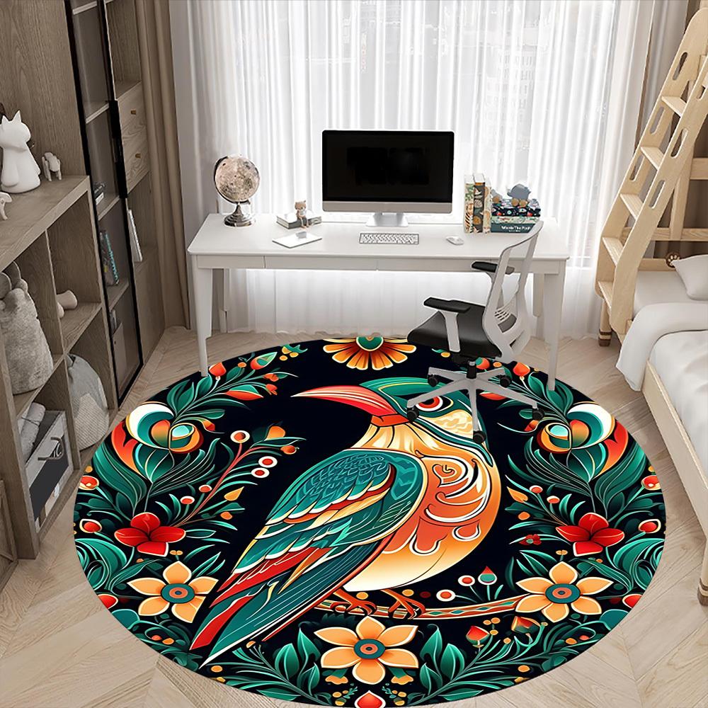 1PC Floral Bird Office Round Area Rug, Mat Suitable For Office, Under Office Chairs Bedroom Living Room Home Decor, Room Deco