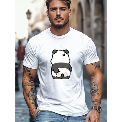 Europäische Größe Locker und Lässig, Bequem und Vielseitig, Herren Niedliches Cartoon-Panda Rückansicht Muster Sommer Lässiges Rundhals Kurzarm T-Shirt