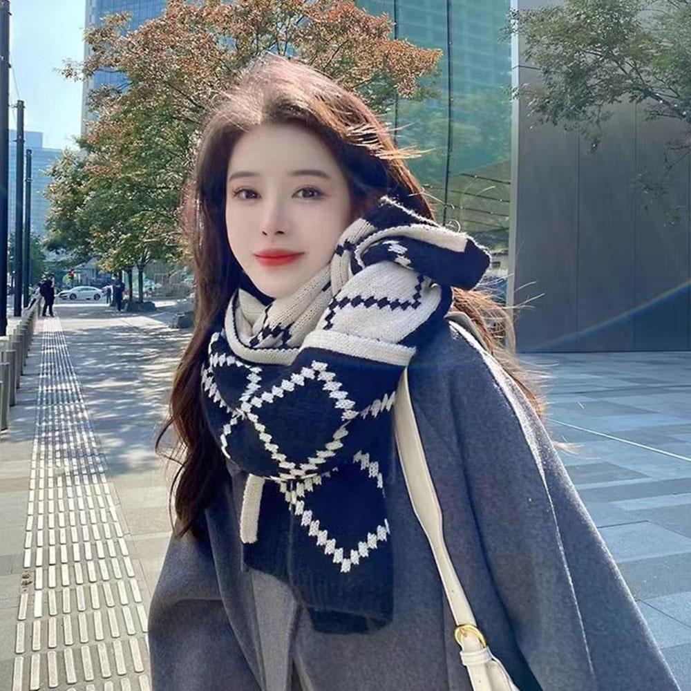 New Korean Style Plaid Knitted Scarf Winter Thicken Warm Wool Neck Warmer High Level Woolen Scarf For Students Luxury Scarf Wrap