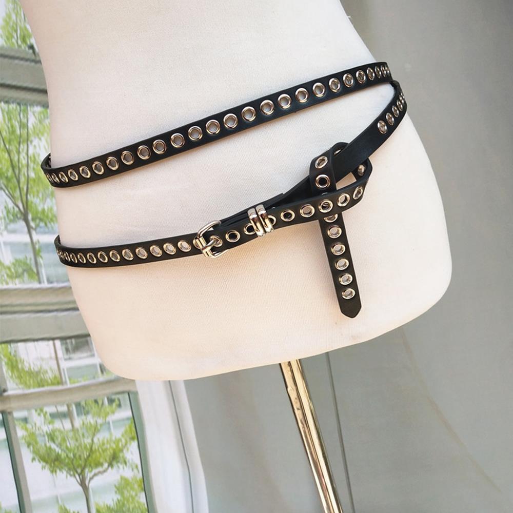 Oeillets Rivets Bricolage Portable Ceinture de Taille en Cuir PU Double Cercle Chaîne de Taille Nouée Extra Longue Mince Ceinture Double Couche Trouée Ceinture