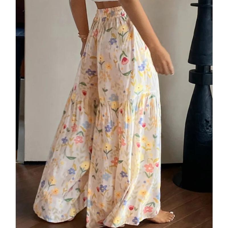 Summer Floral Pants Women's High Waist Loose Thin Wide Leg Elegant Skinny Versatile Straight Pants Trousers