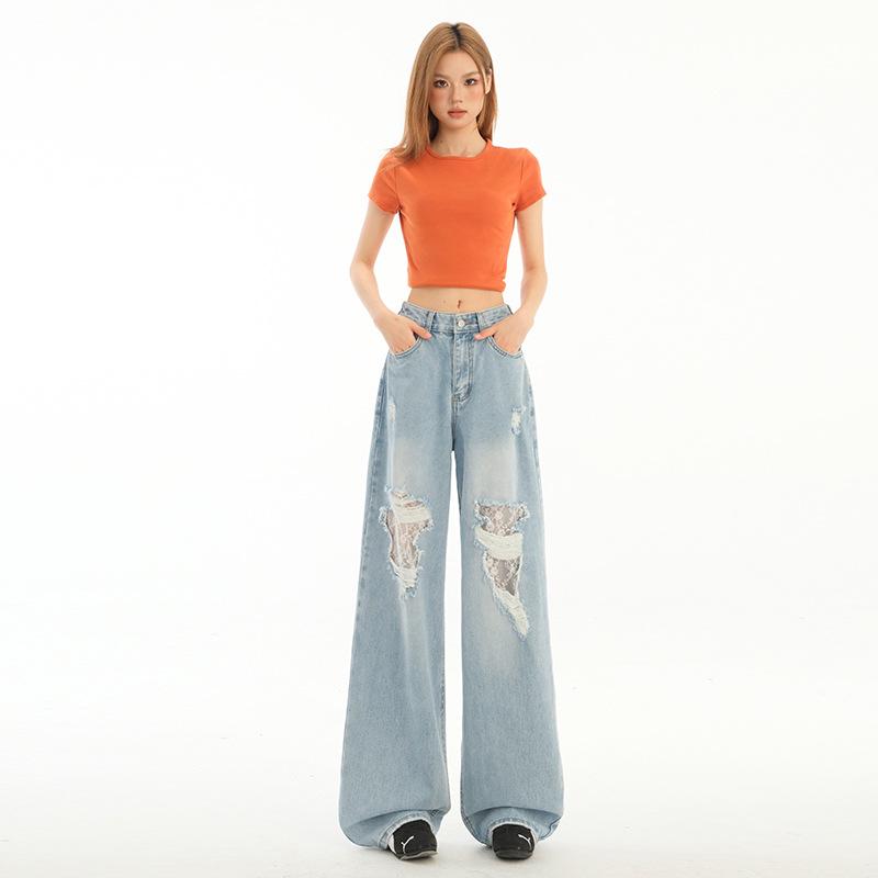 Damen High Waist Ripped Spitze Straight-Leg Loose Jeans - Sommer 2025