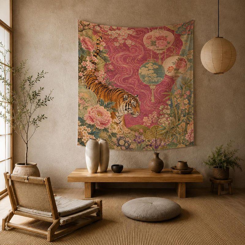 Vintage Tiger Floral Tapestry Oriental Lantern Peony Art Polyester Wall Hanging Aesthetic Bedroom Dorm Home Decor