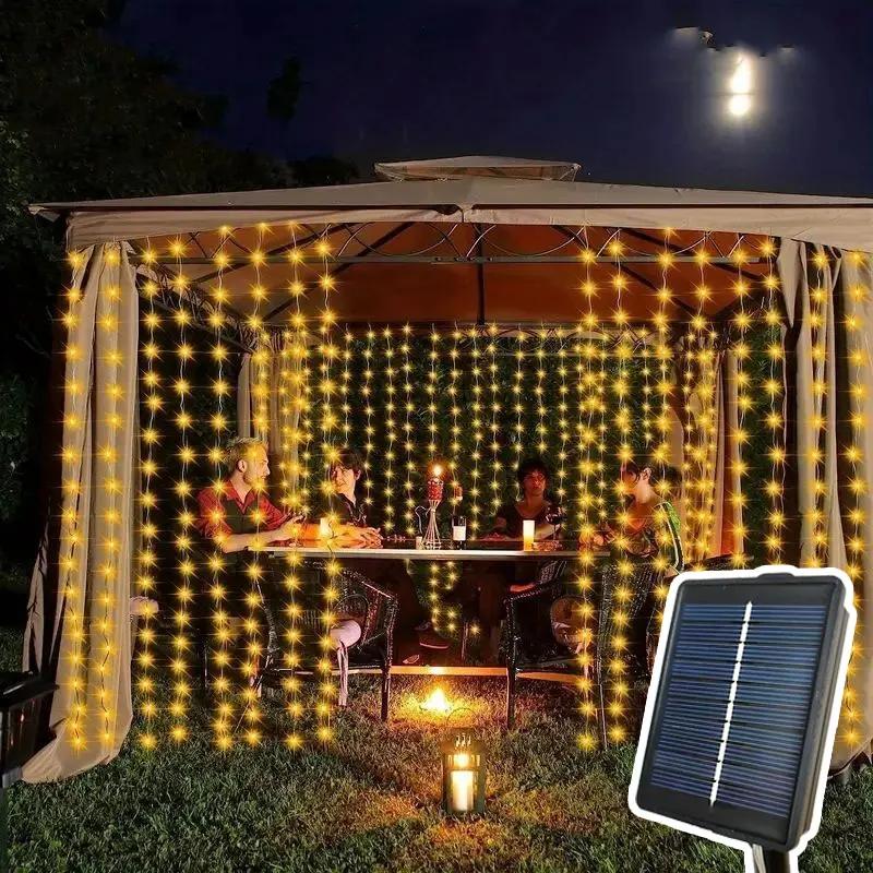 

Светодиодная гирлянда-штора из серебряной проволоки на солнечной батарее, рождественская гирлянда, лампа для свадебной вечеринки, сада, стены дома, наружного балкона, украшение Solar-3x3M 300LEDs