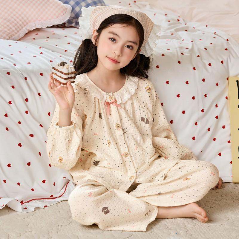 Girls Cotton Gauze Pajama Set Long Sleeve Cartoon Print Sleepwear Ages 8 Fall Comfortable Home Outfit