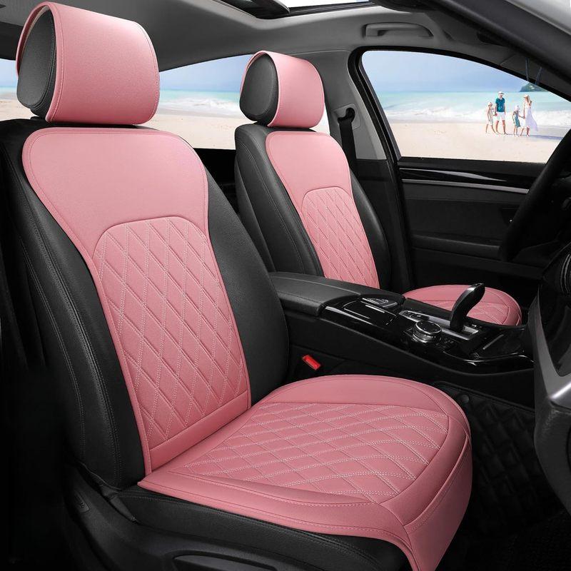 Universal Front Leather Car Seat Covers Pink 2 Pcs, Anti-Slip Waterproof Auto Driver Cushions Fit SUV Pickup Van Sedan