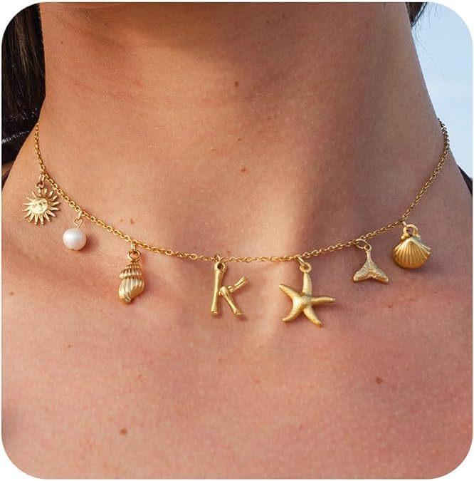 New Surfer Girl Necklace Beach Jewelry Initial Necklace for Girlfriend Seashell Letter Choker Starfish Accessories