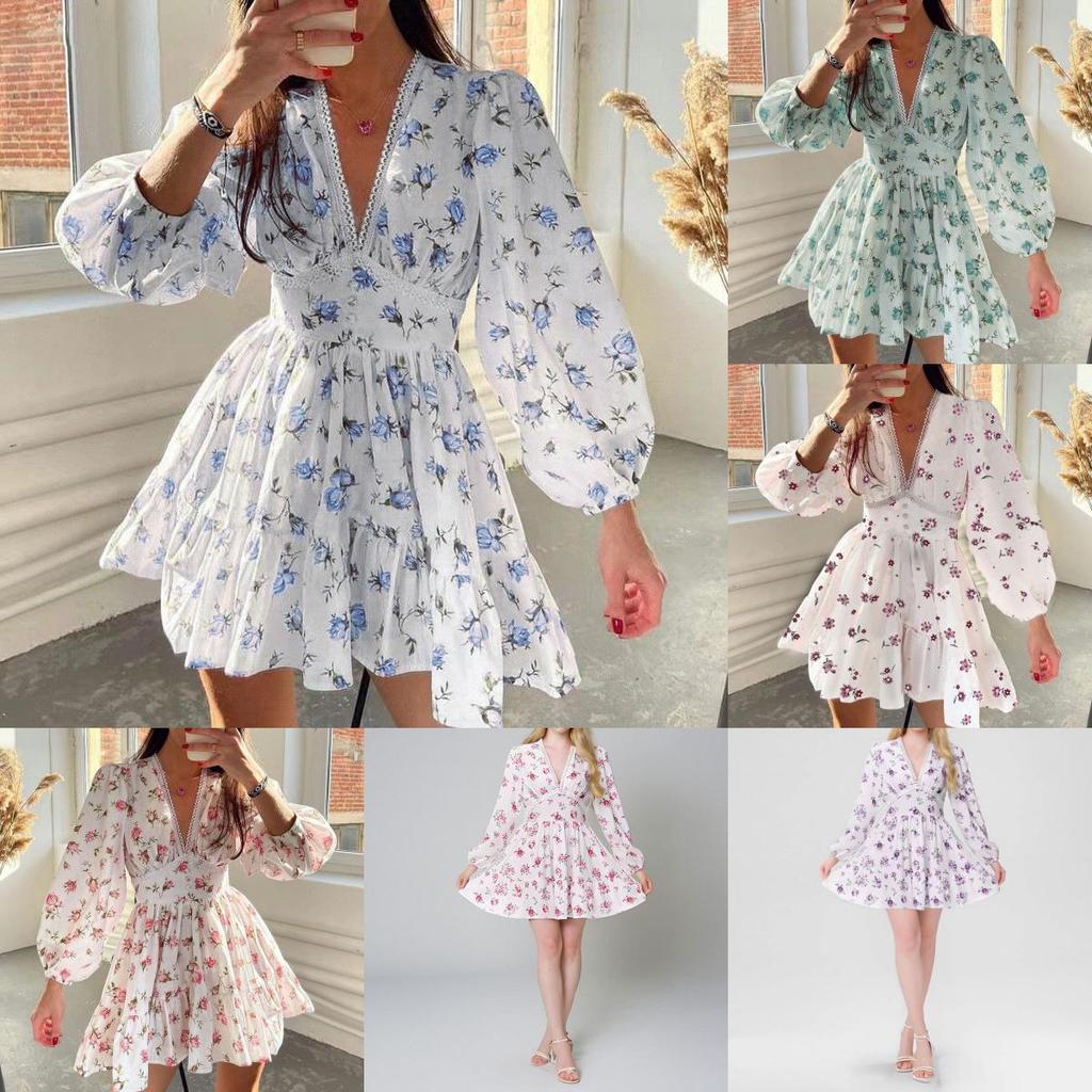 Spring Elegant Floral V Neck Lace Short Dress For Women With Puff Sleeves