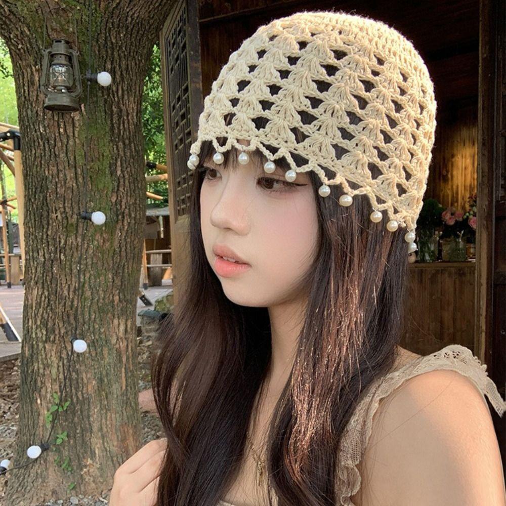 Bohemian Style Knit Beanies Beads Tassels Ethnic Style Hat Cute Crochet Hollow Knitted Hat  Girls