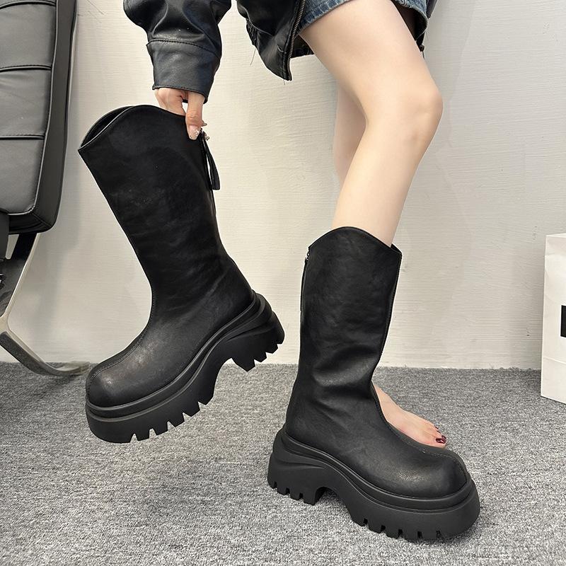 Thick heel thick sole boots women's 2025 spring and autumn new v-mouth thin but knee boots retro versatile knight boots