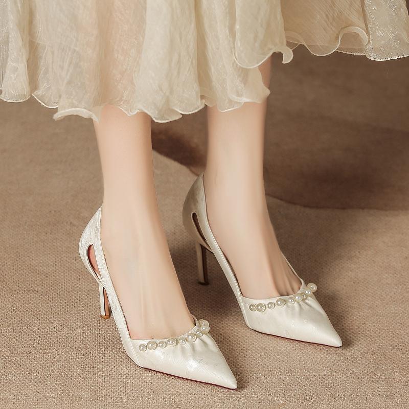 Women Ice Silk Hollow Out Pearl High Heels Autumn French Pointed Toe Slim Heel Vulcanized Shoes Elegant Design