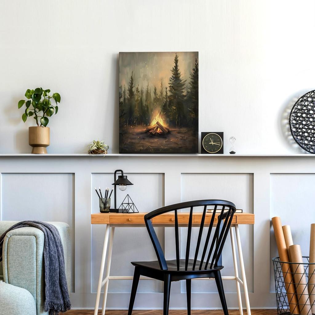APJYM Rustic Pine Tree Forest Camfire Camping Wall Art, Vintage Dark Moody Wood Land Nauture Landscape Canvas Wall Art for Cabin Camper Home, 11x14