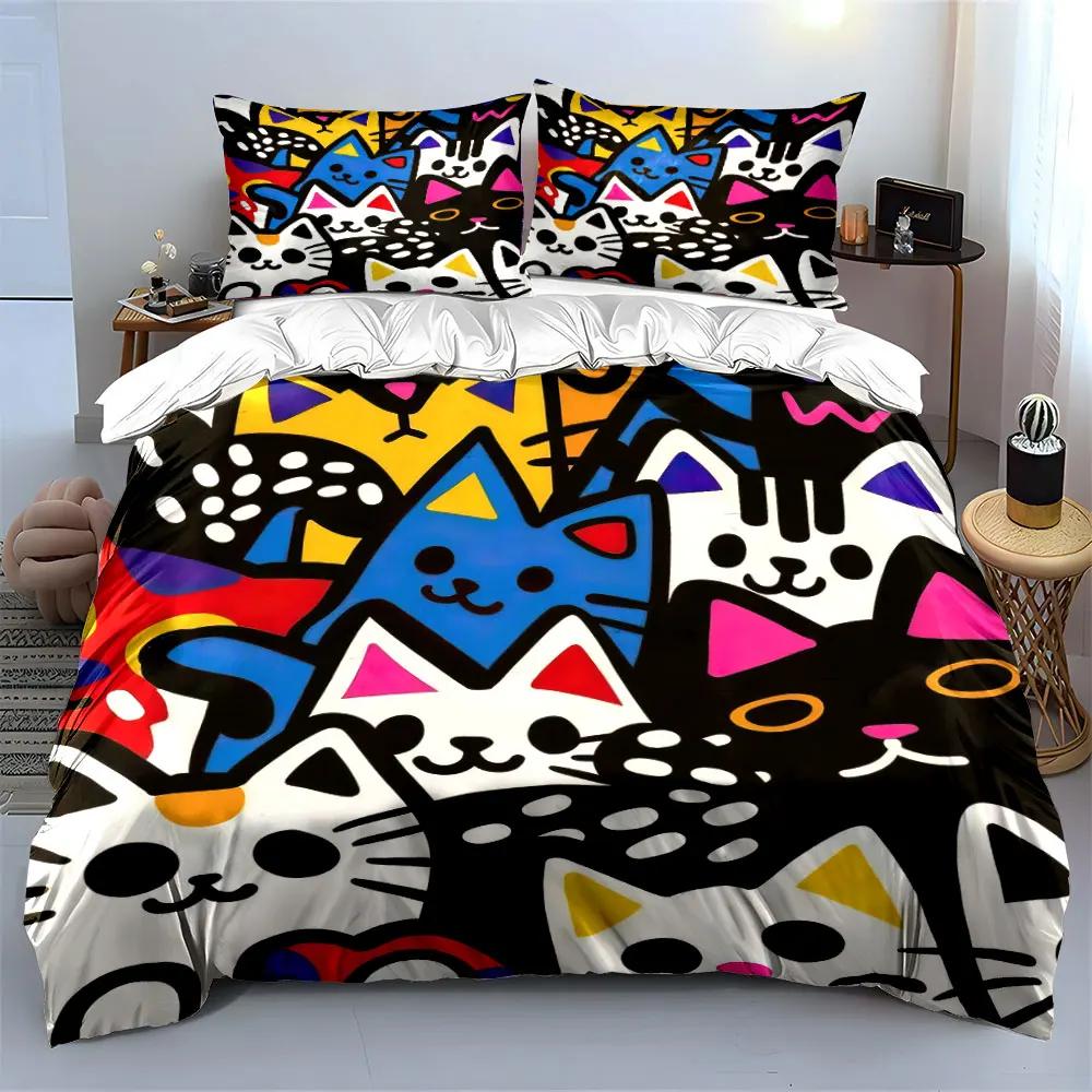 Colorful Cat Art Decor Set Soft Comfortable Duvet Cover Bedding Set Included 1*Duvet Cover & 2*Pillowcases gift