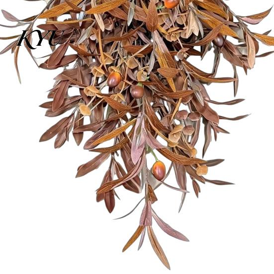 Country Style Fireplace Decoration Artificial Autumn Olive Leaf Wreath for Front Door, Retro Hanging Garland Harvest Festival Wall with Bow