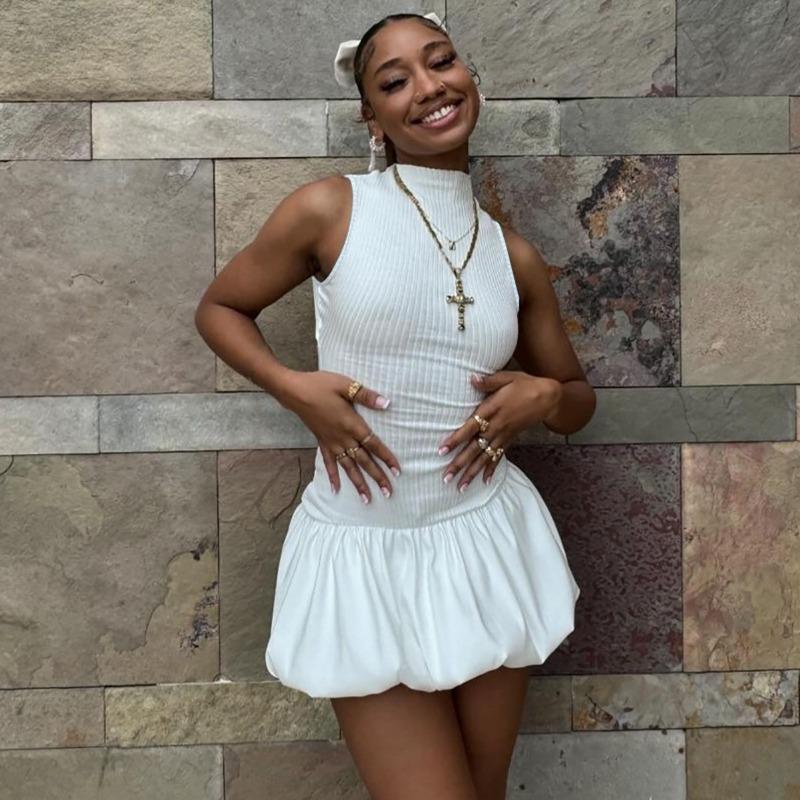 Women's Summer Fashion Sexy Back Hollow Out Slim Fit Patchwork Pleated Dress for Women Dresses