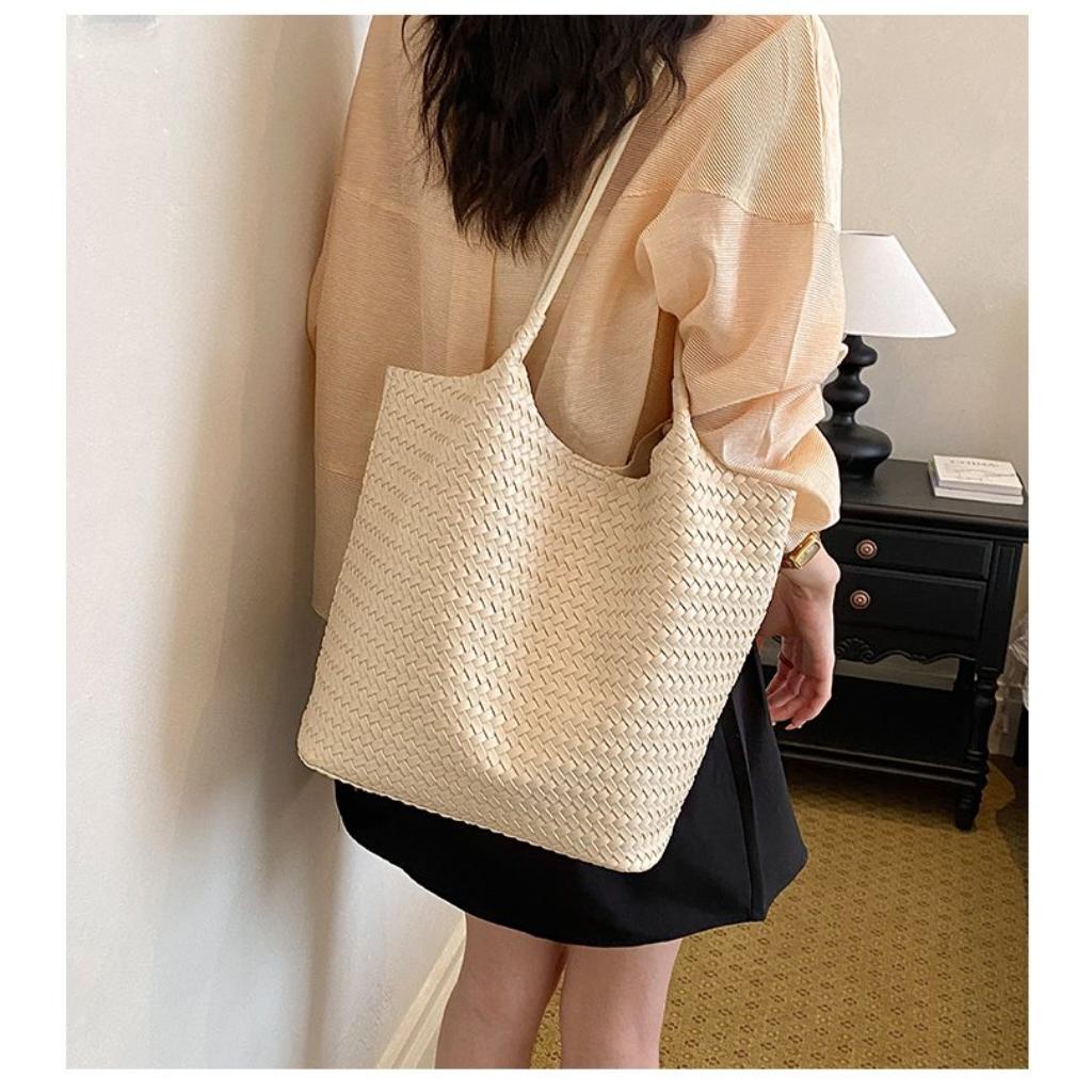 Tote Bag Women PU Woven Texture Large Capacity Office Daily Use