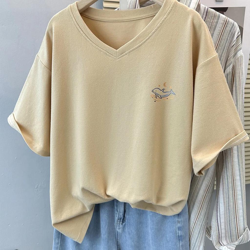 Camiseta Feminina de Verão com Manga Curta e Ombro Normal, Corte Solto, Tamanho Plus Size, Top Elegante com Decote em V e Design que Cobre a Barriga